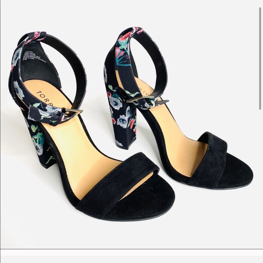 Torrid Sandal Heels Ankle Strap Floral Black 8.5W
